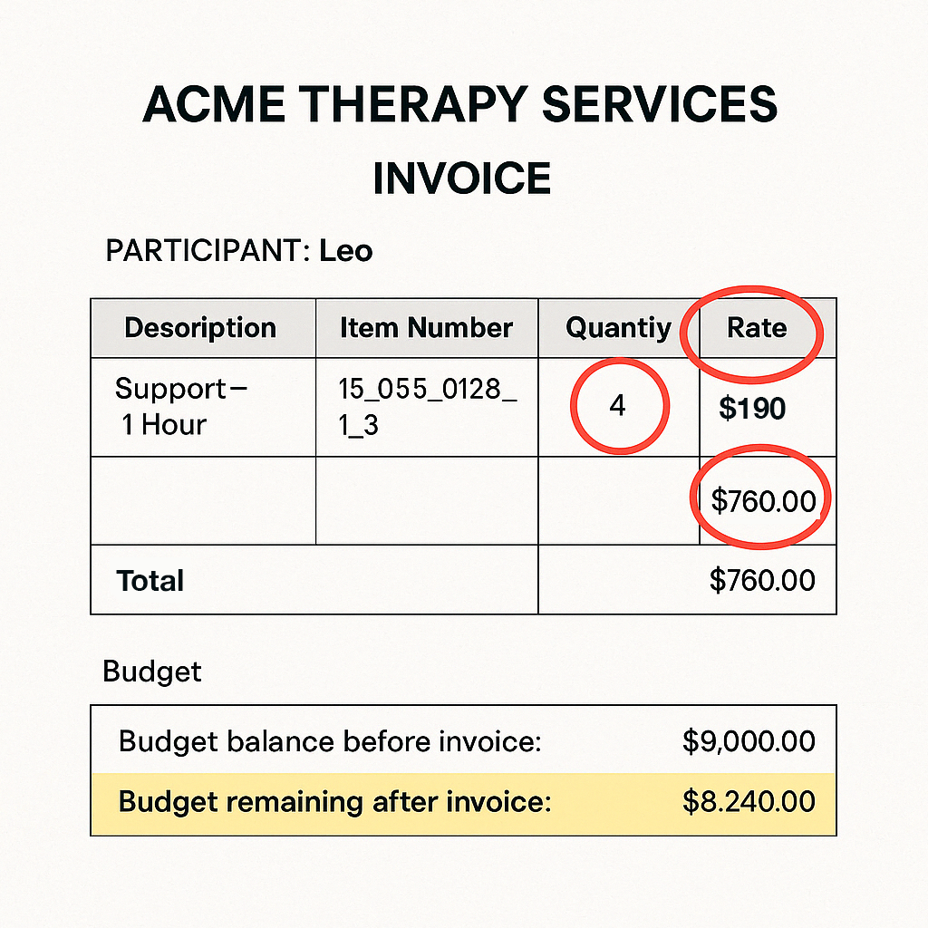 Invoice with highlighted rate, quantity, total and budget