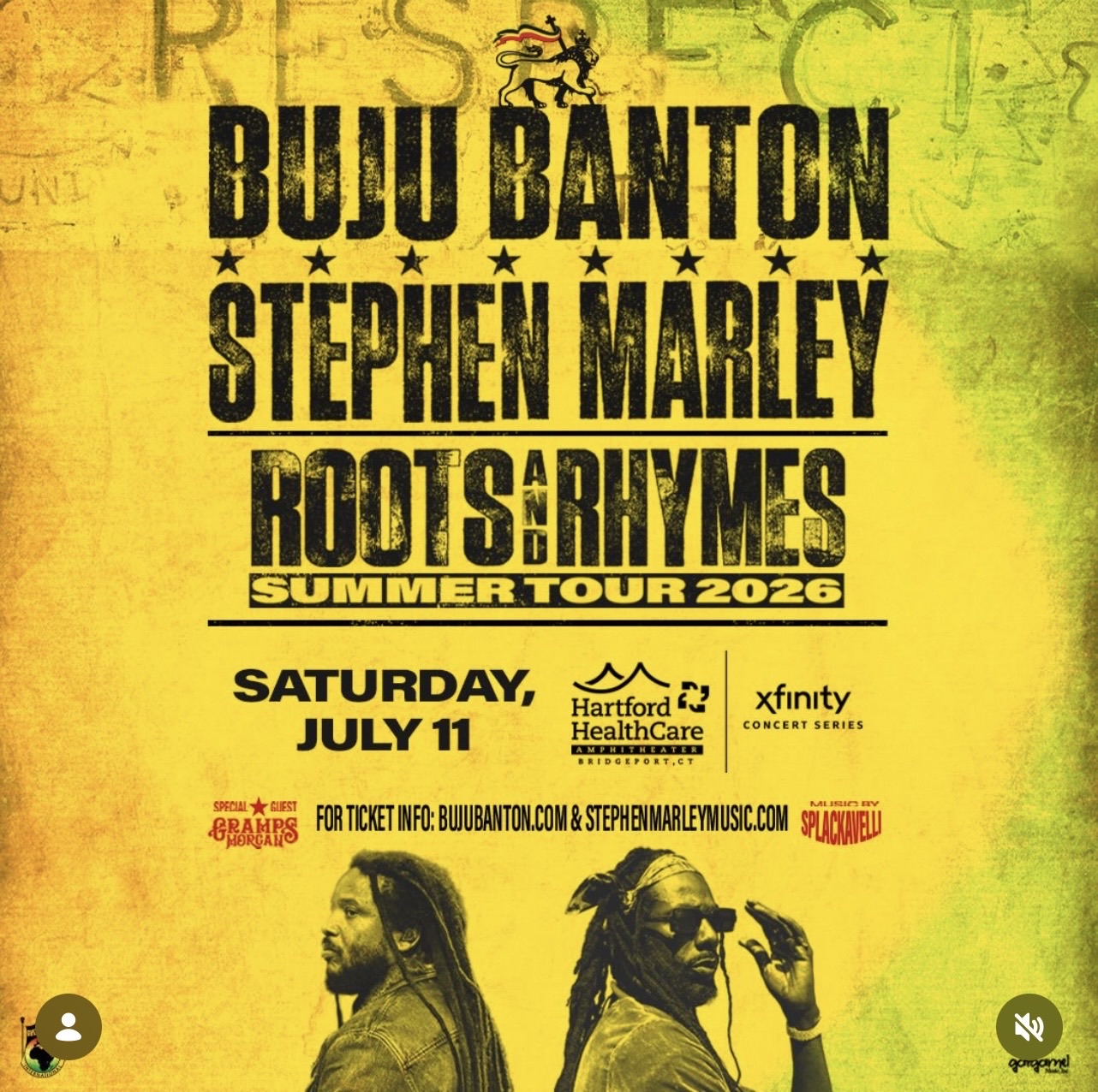 Buju Banton & Stephen Marley: Roots and Rhymes Summer Tour 2026 flyer