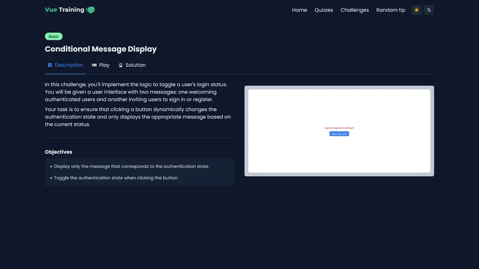 Vue Training challenge description screen