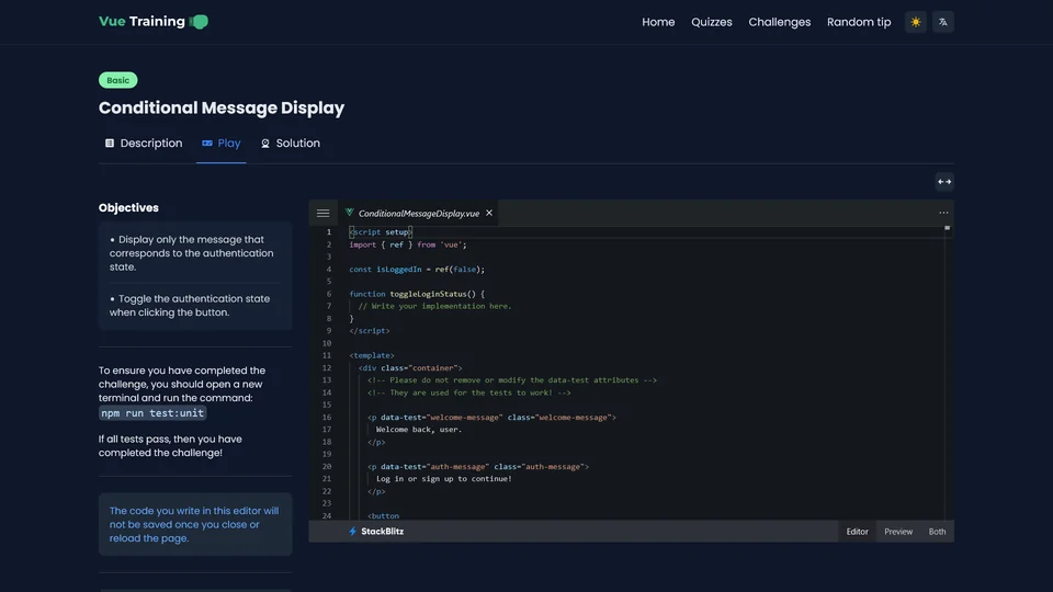 Vue Training challenge editor screen