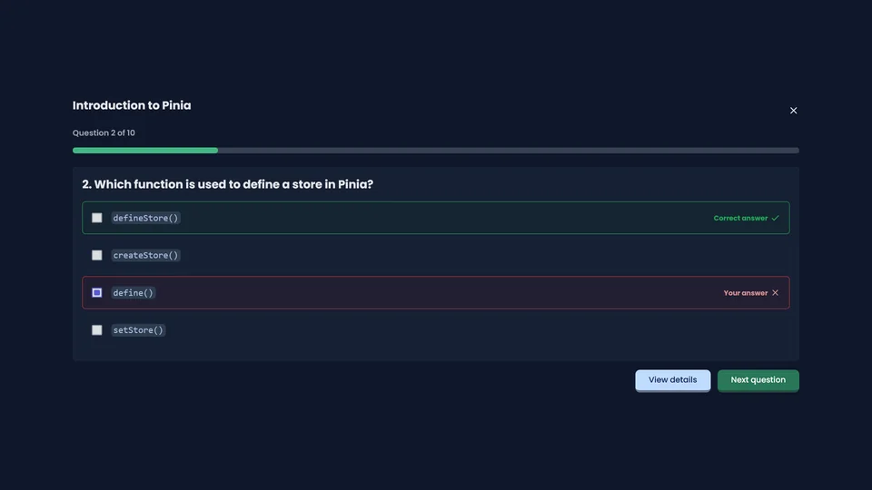 Vue Training quiz in progress screen