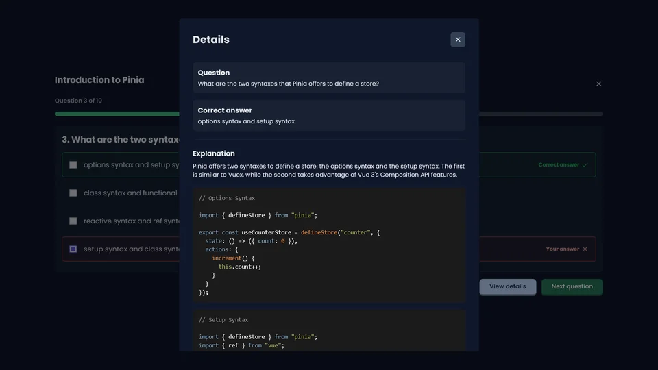 Vue Training correct answer explanation modal