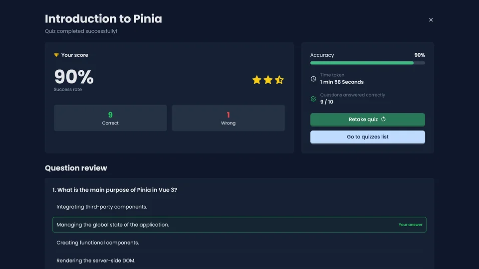 Vue Training quiz results screen