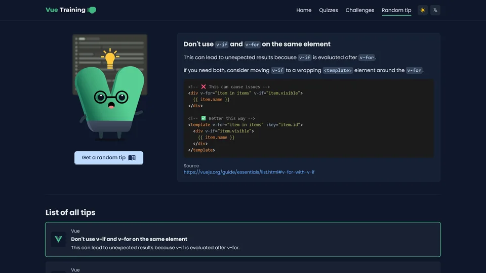 Vue Training random tip screen