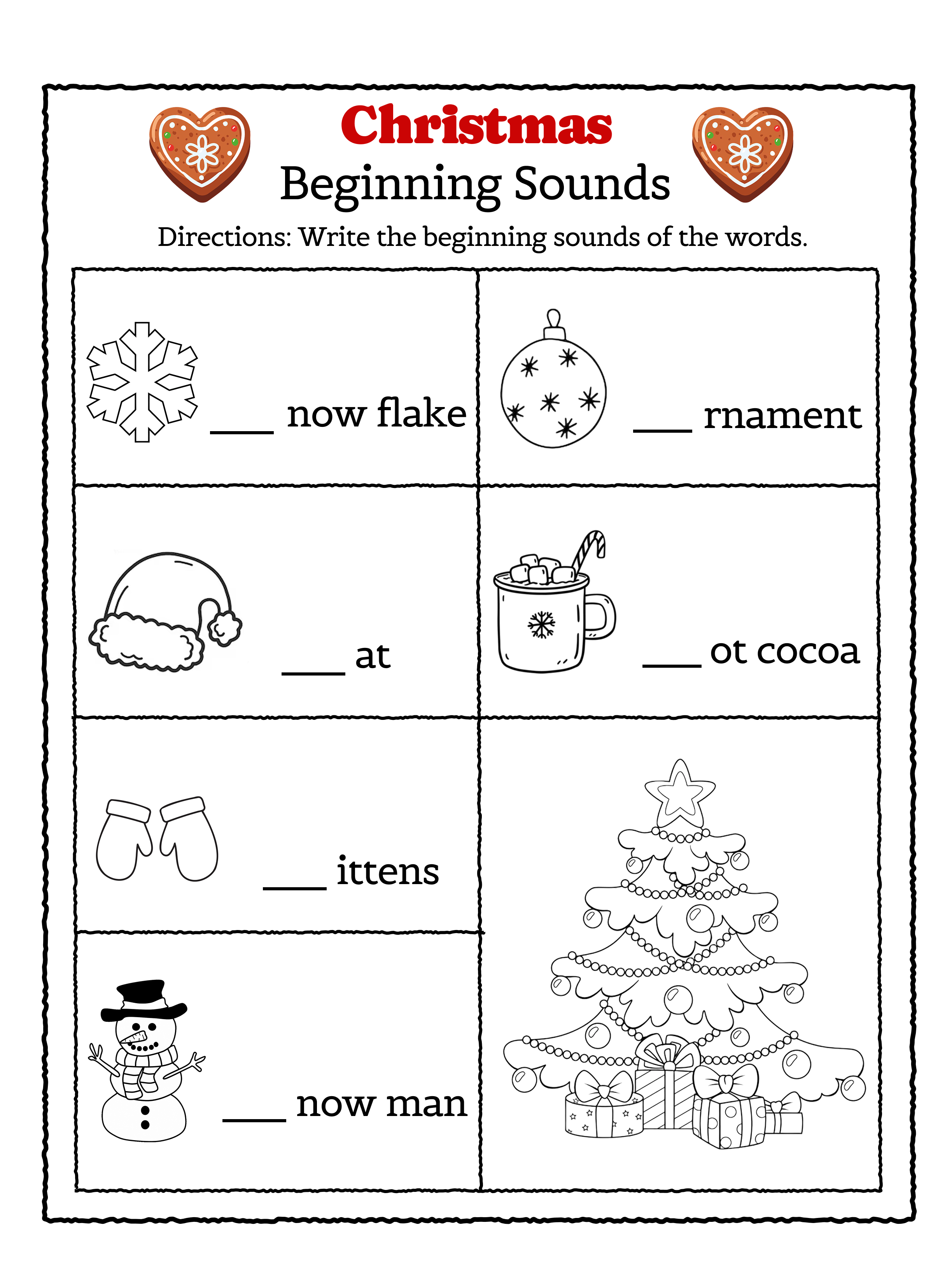 Christmas Beginning Sounds Phonics Worksheet - Holiday Learning Activity