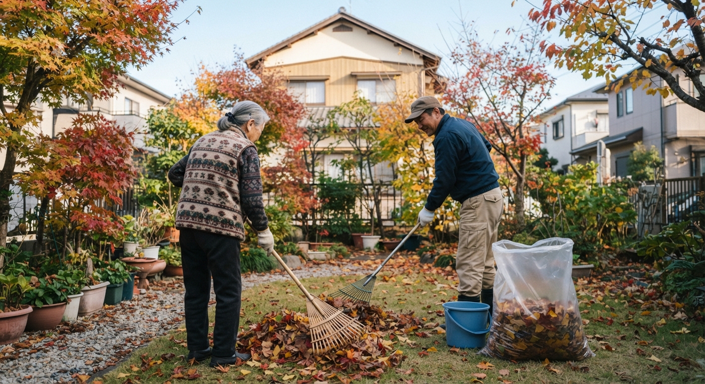 紅葉の落ち葉拾いをひとりでやらないために、地域にお手伝いを頼む考え方のトップアイコン