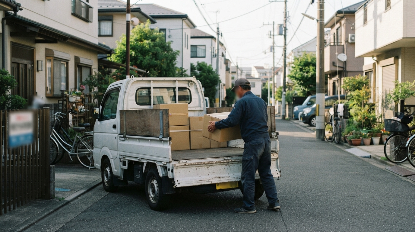 軽トラックの荷台に荷物を積み込む人