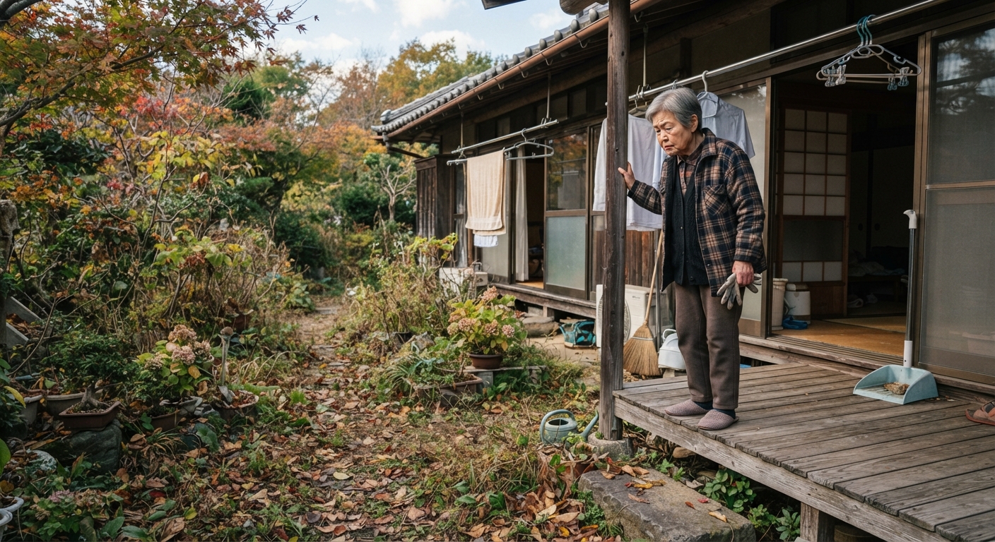 庭に伸びた草と落ち葉を見ている高齢の女性
