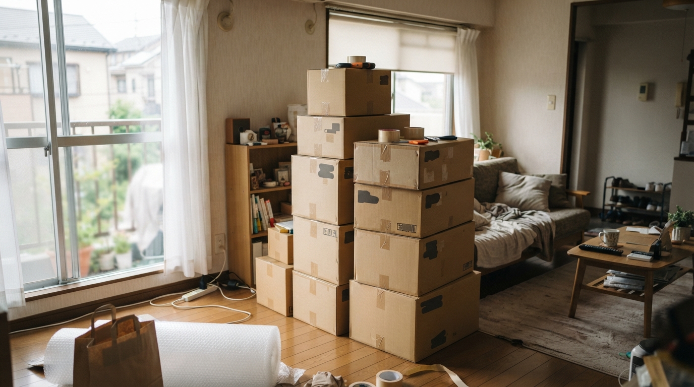 部屋に積み上がった段ボール箱
