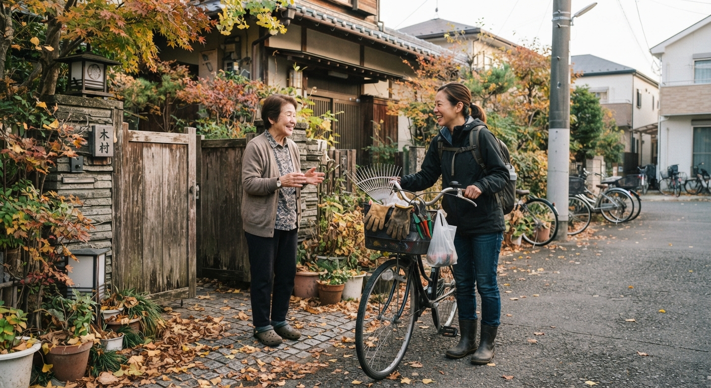 自転車で道具を持って訪れた手伝いの人と話す依頼者