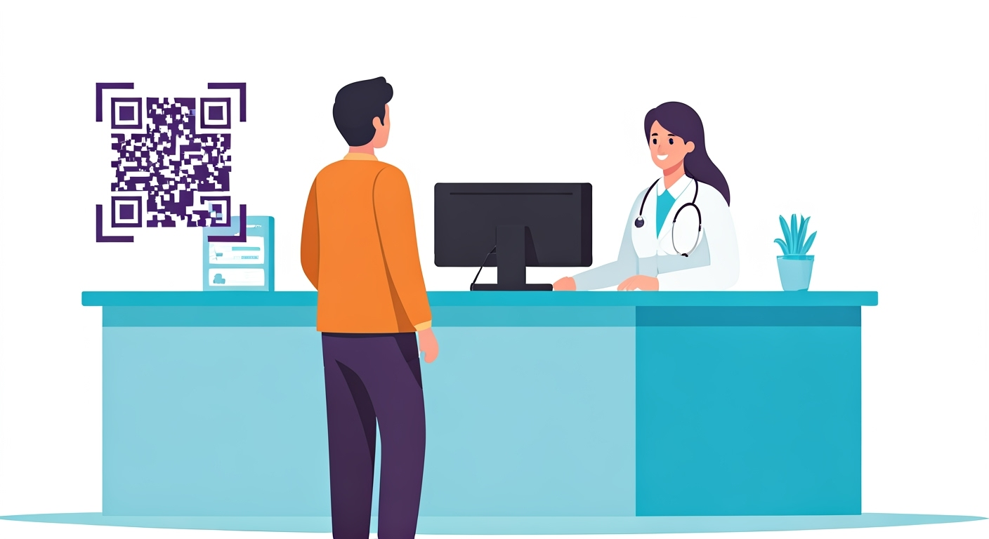 Patient showing phone with QR code at check-in illustration