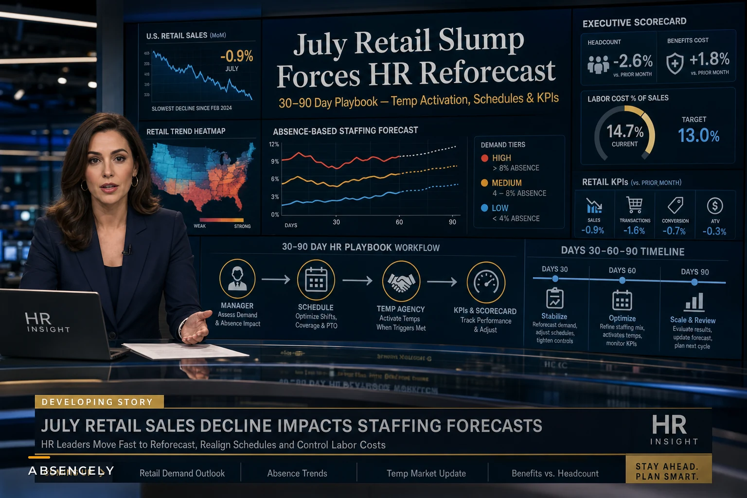 After the July Retail Slump: A 30–90 Day HR Playbook to Reforecast Staffing, Absence Plans and Temp Activation