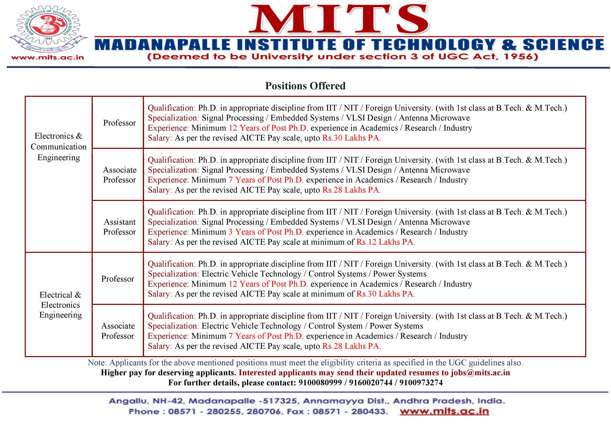 Faculty Positions at Madanapalle Institute of Technology & Science