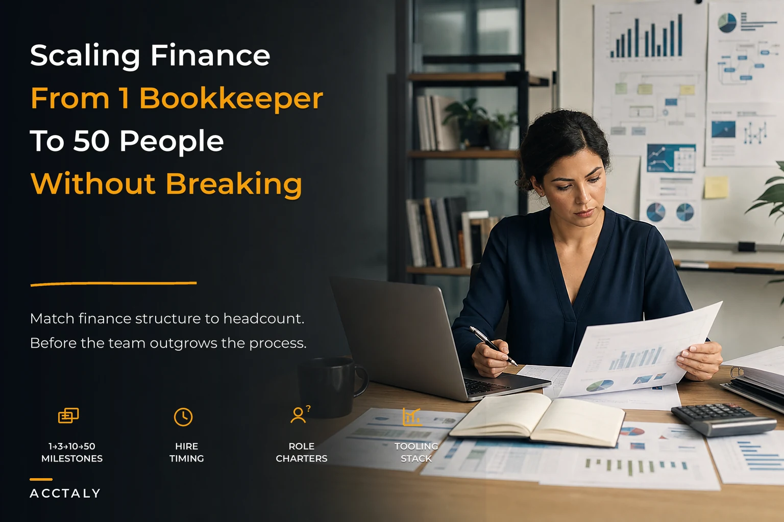 Scaling finance from solo bookkeeping to 50 people: a headcount-triggered org, role-charter and tooling roadmap