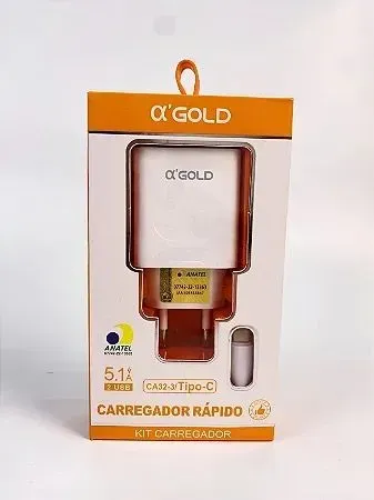 Carregador Rápido Completo α'GOLD 5.1A com 2 USB e Cabo Tipo-C