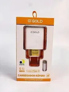 Carregador Rápido Completo α'GOLD 5.1A com 2 USB e Cabo Tipo-C