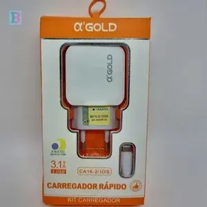 Carregador Rápido Completo α'GOLD 3.1A Dual USB com Cabo Lightning