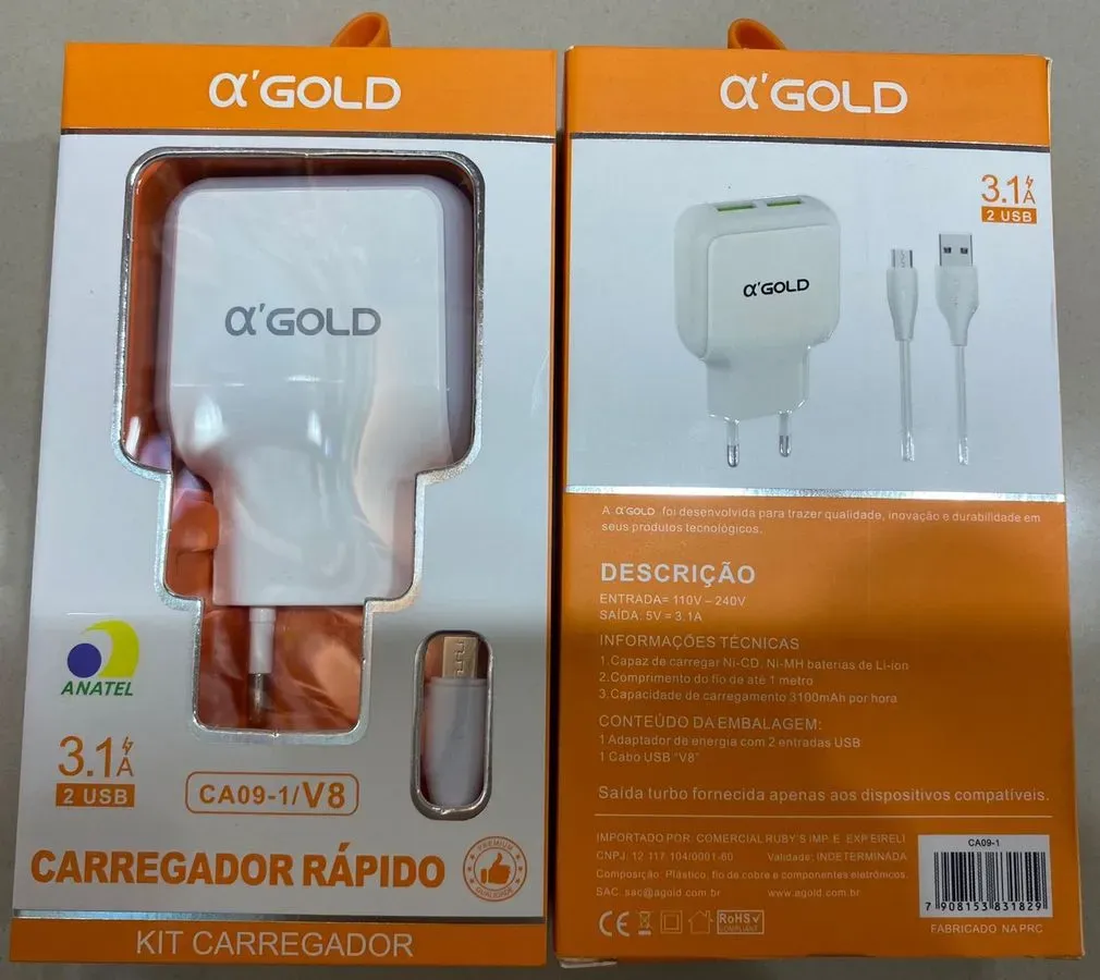 Carregador Rápido α'GOLD 3.1A Dual USB com Cabo V8
