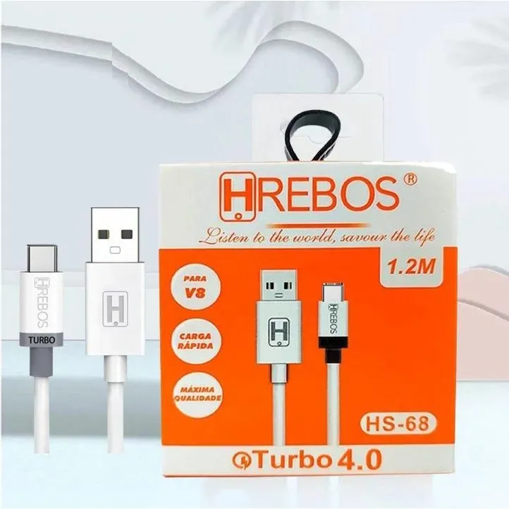 Cabo de Carregador Hrebos HS-68 USB-A para V8 1.2M Turbo 4.0