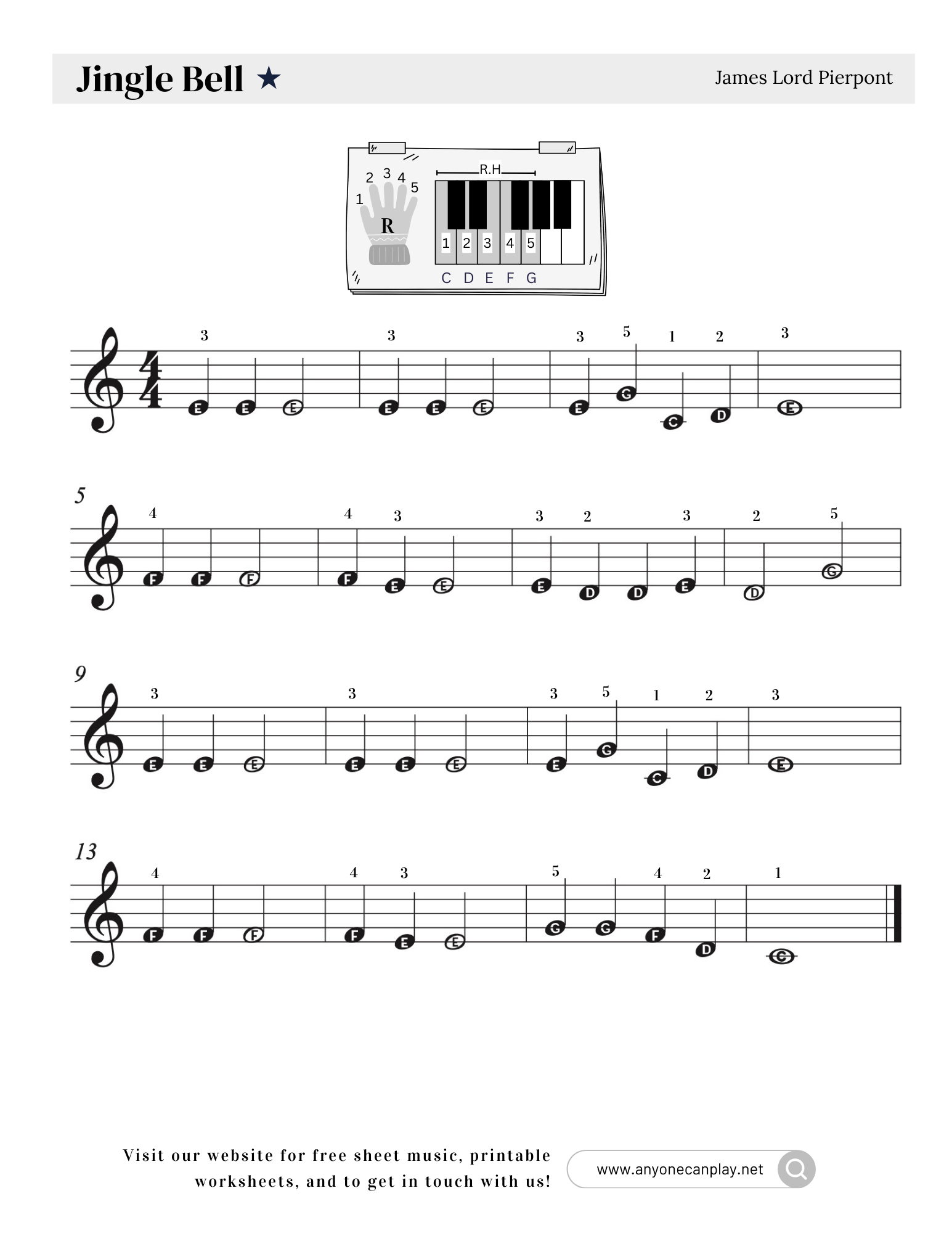 Jingle Bell - Beginner Sheet Music (Right Hand)