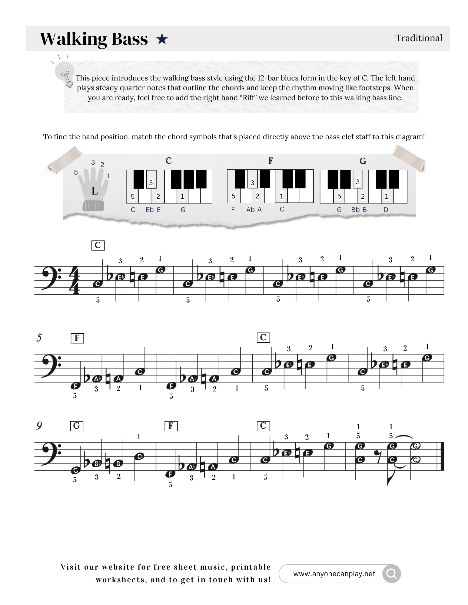Walking Bass Line – Beginner Sheet Music (Left Hand)