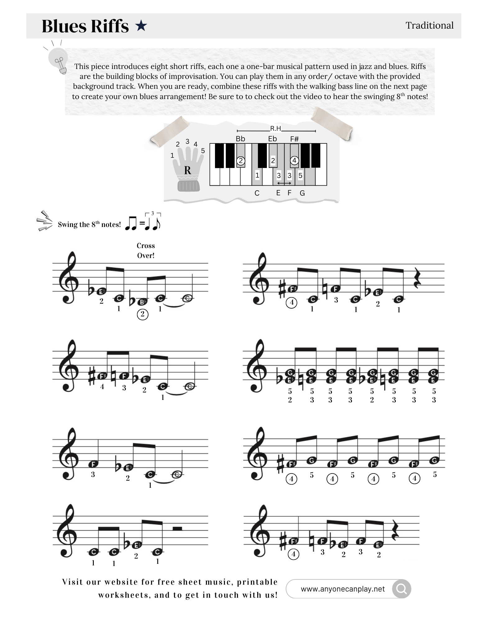 Blues Riffs – Beginner Sheet Music (Right Hand Only)