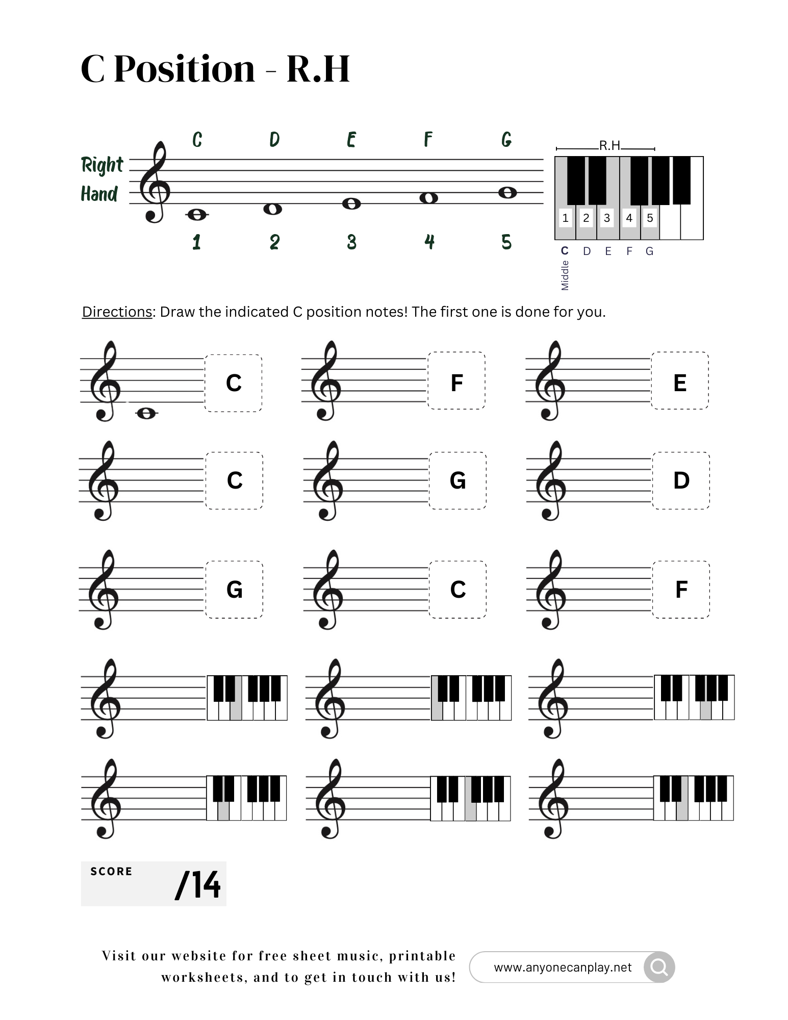 C Position – Right Hand Treble Clef Worksheet