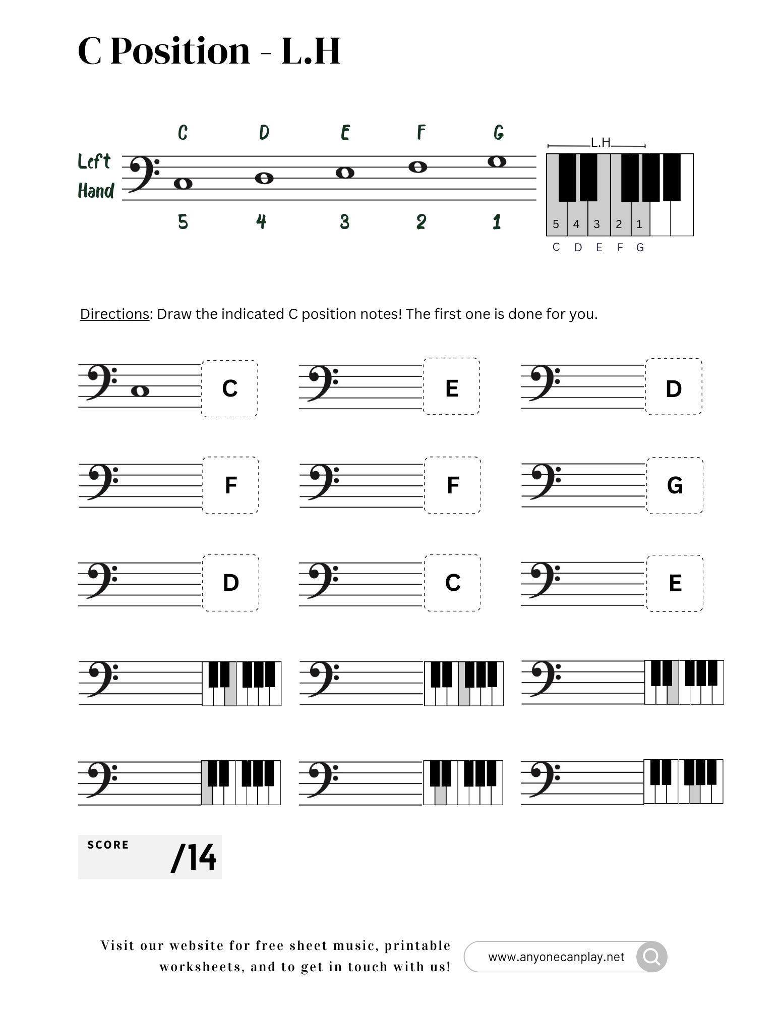C Position – Left Hand Bass Clef Worksheet
