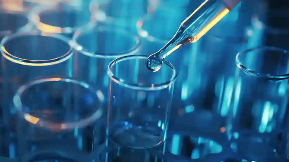 Un contagocce gocciola liquido in una provetta. I bordi del tubo di vetro sono illuminati da un bagliore bluastro e l'intera scena ha un aspetto scientifico.