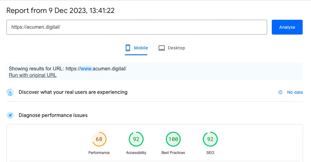 PageSpeed Scored for Acumen Web Mobile