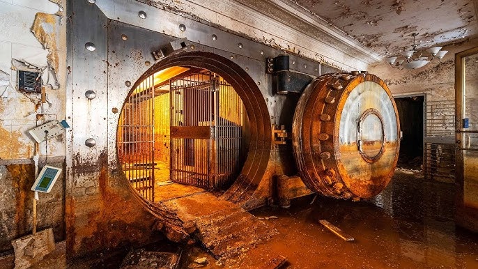 Rusted abandoned bank vault door