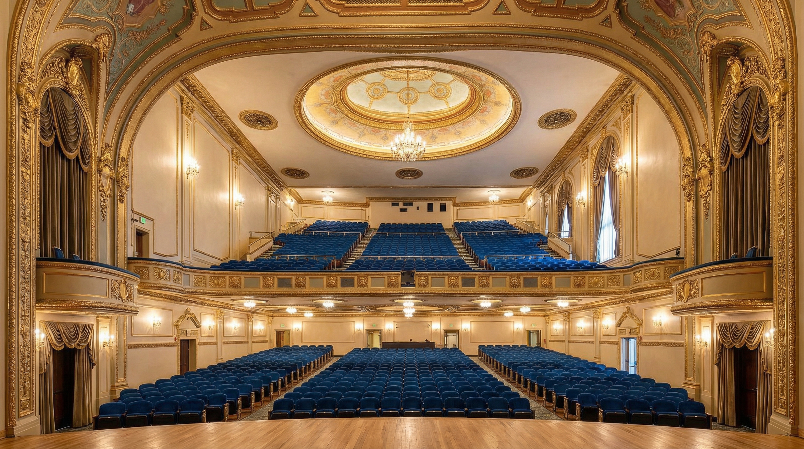 Restored Michigan Theater stage with grand piano