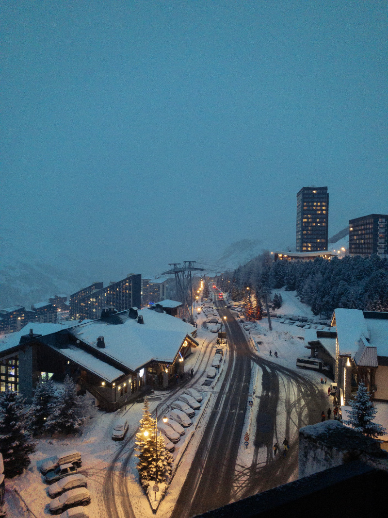 Snow-covered ski resort village