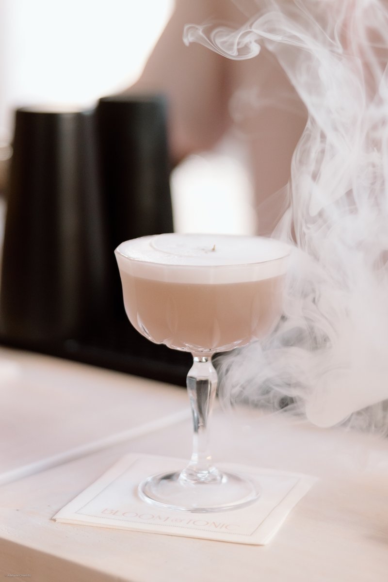 A visually striking close-up of a sophisticated cocktail in a coupe glass, featuring a creamy foam top and dramatic dry 