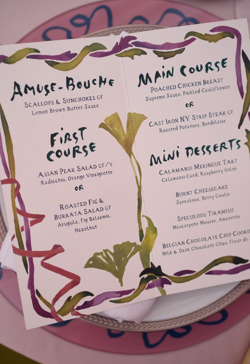 A close-up shot of an elegant multi-course menu card, featuring watercolor-style illustrations of leaves and ribbons in 