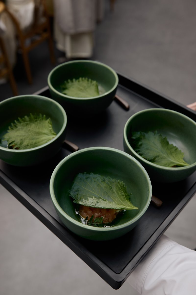 A server, identifiable by their white uniform sleeve, carries a black tray holding four small, dark green bowls. Each bo
