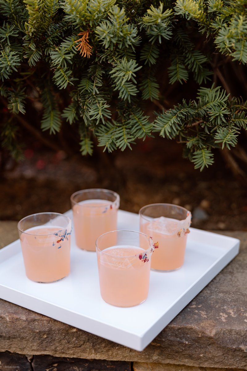 Four refreshing pink cocktails, garnished with delicate floral elements, are neatly arranged on a white serving tray. Th