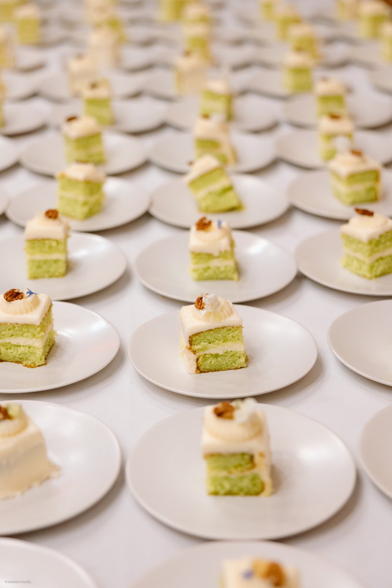 A meticulously arranged grid of individual dessert plates, each holding a miniature square slice of green layer cake top