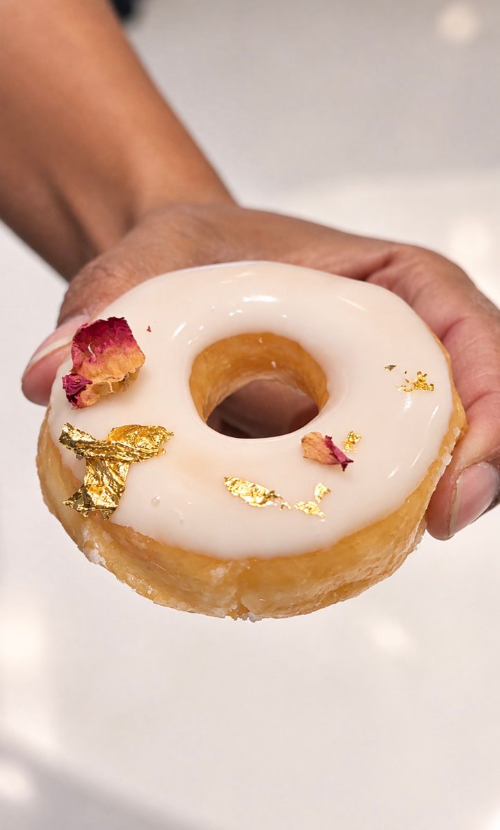 A close-up shot features a hand holding a beautifully decorated donut. The donut is covered in a glossy white glaze and 
