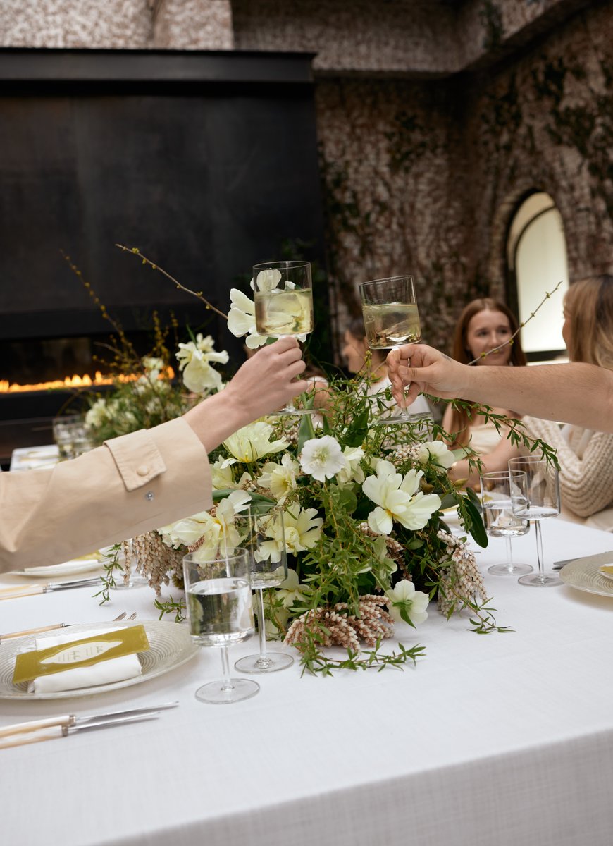 Two individuals are captured mid-toast, raising their drinks over a beautifully arranged table centerpiece featuring lus