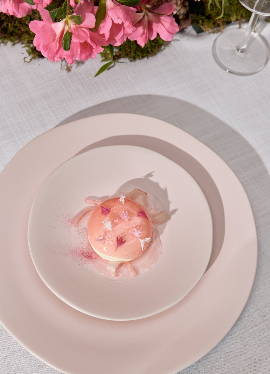 A beautifully plated individual dessert, a pink dome adorned with edible flowers and powder, rests on blush pink plates.