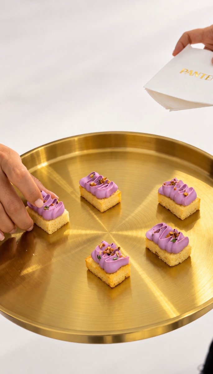A guest's hand reaches for a small, rectangular dessert topped with vibrant purple frosting and chopped nuts, presented 