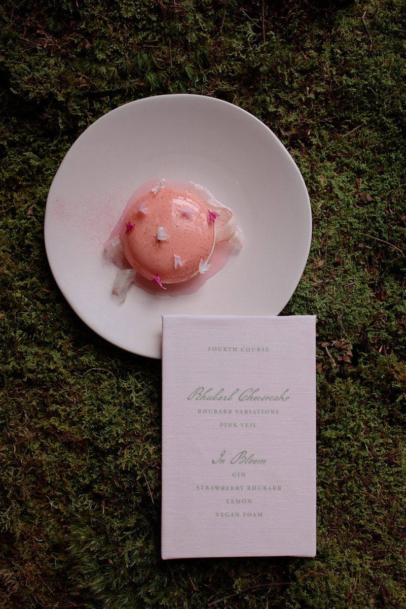 A delicate pink dessert, likely a rhubarb cheesecake with a 'pink veil' and edible flowers, is elegantly presented on a 