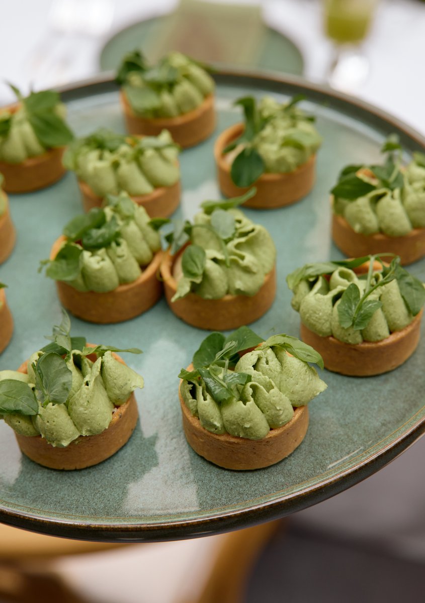 A close-up shot showcases a platter of meticulously arranged mini tarts, each filled with a light green piped cream and 