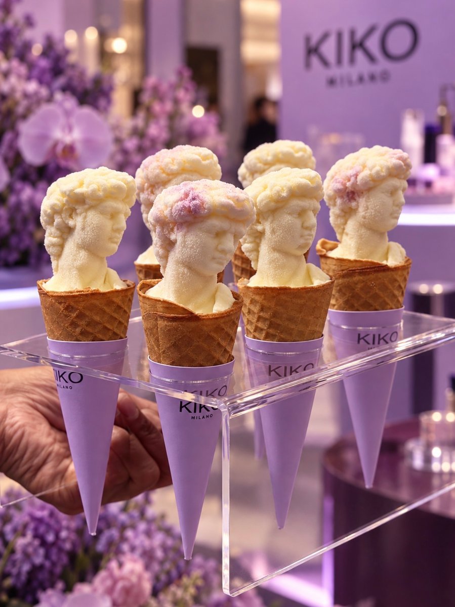 A hand holds a clear acrylic tray displaying several unique ice cream cones, each topped with a bust-shaped scoop. The c