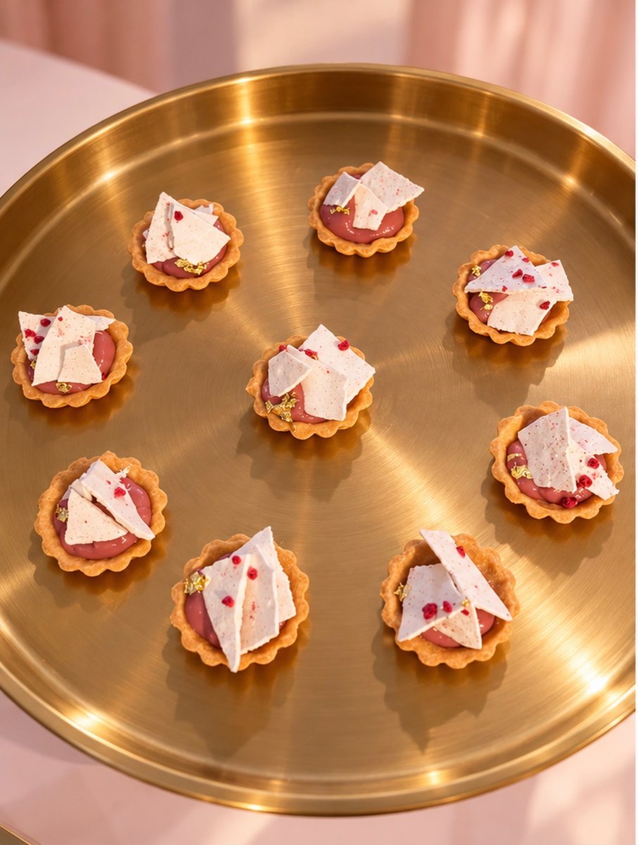A close-up shot showcases nine delicate mini tarts arranged on a gleaming gold tray. Each tart features a pink filling, 