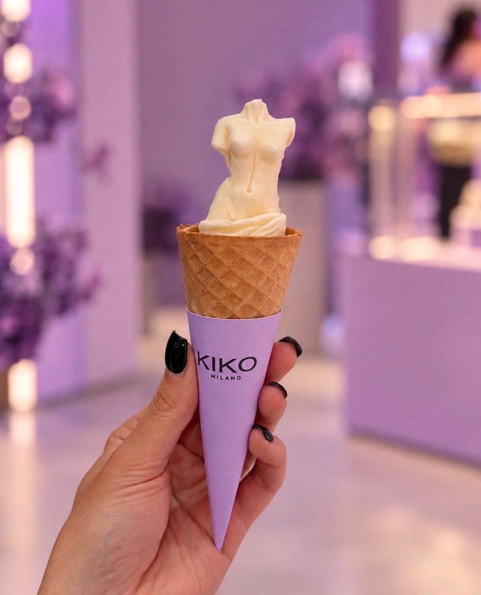 A hand with black nail polish holds an ice cream cone featuring a unique vanilla ice cream sculpture shaped like a femal
