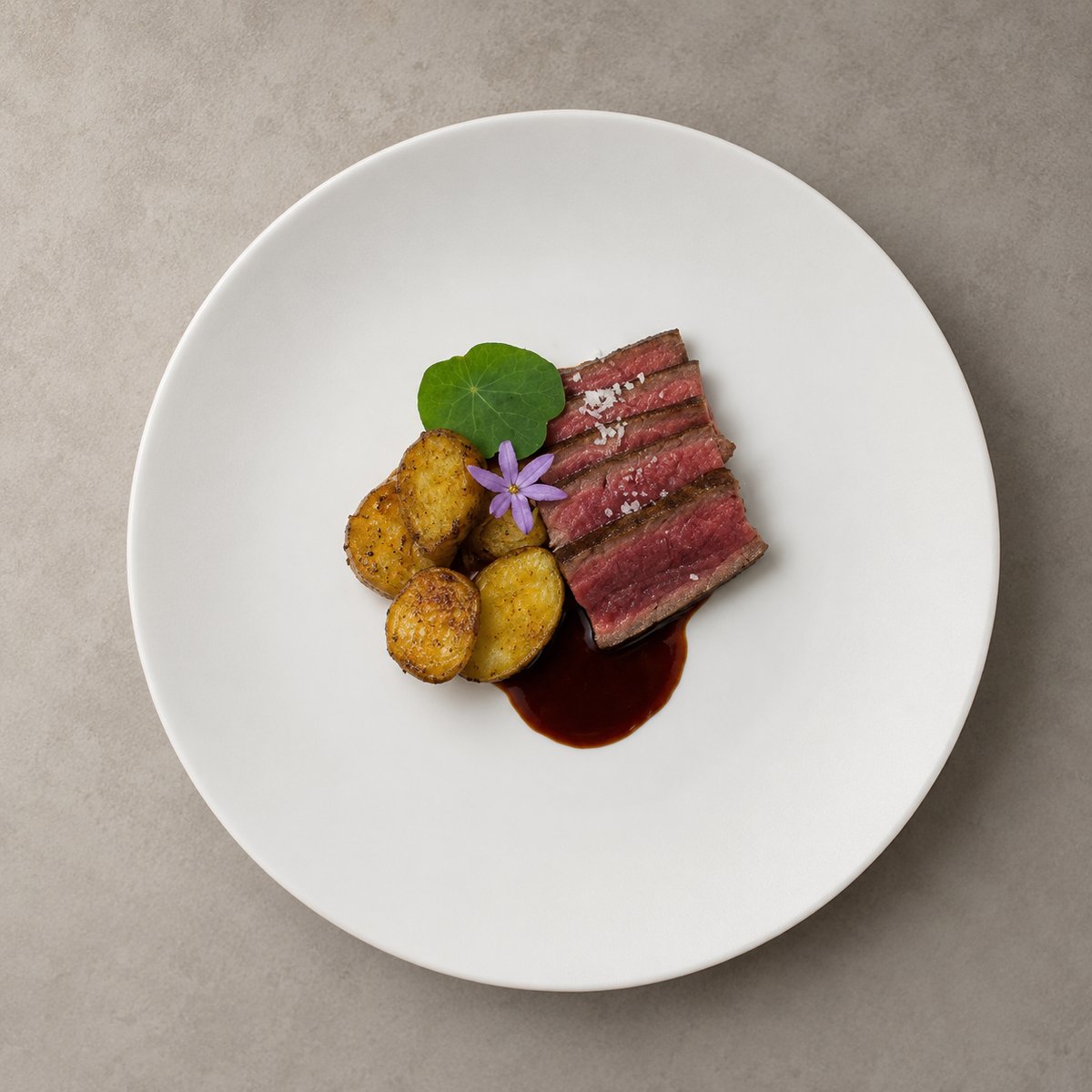 A beautifully plated dish features sliced medium-rare steak, roasted potatoes, and a rich sauce, garnished with a green 