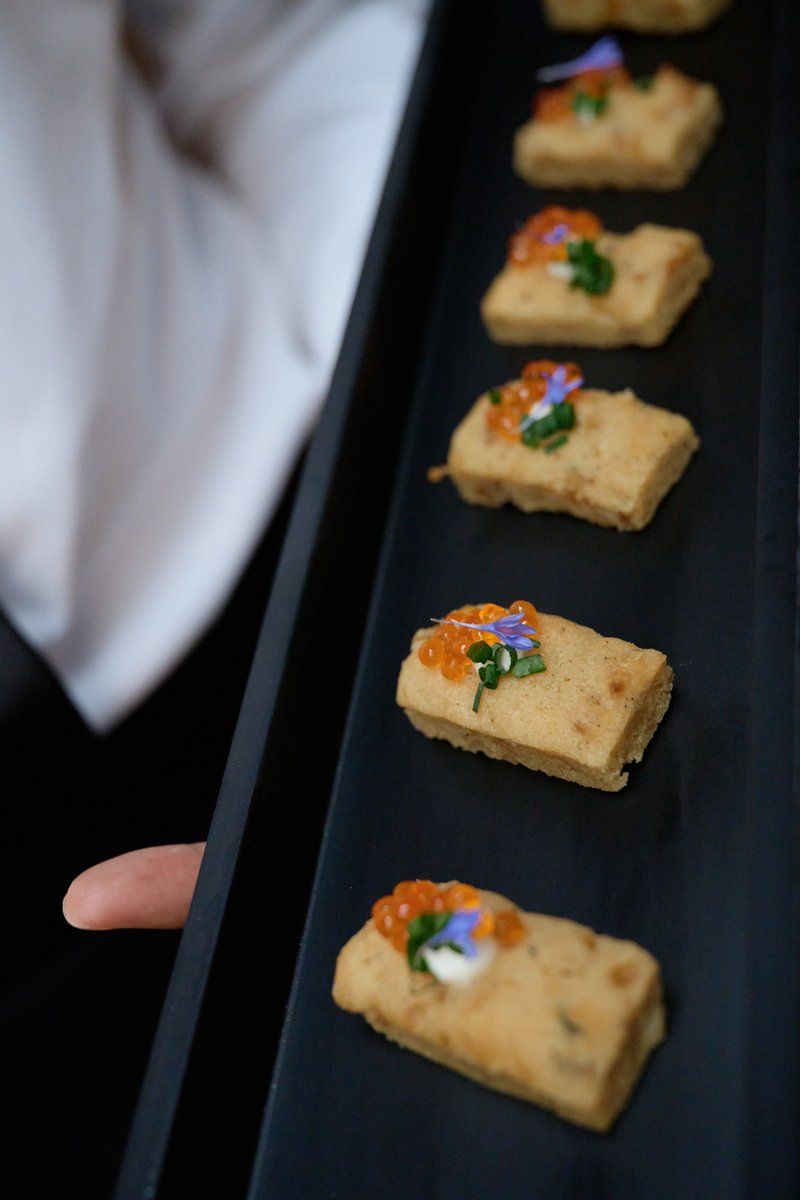 A server in a white shirt is presenting a black tray filled with elegantly garnished appetizers. The focus is on the met