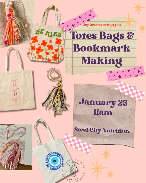 Tote Bags and Bookmarks at Steel City Nutrition